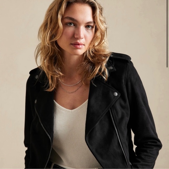 Banana Republic Factory black Faux Suede vegan leather short biker Jacket S - Picture 3 of 16
